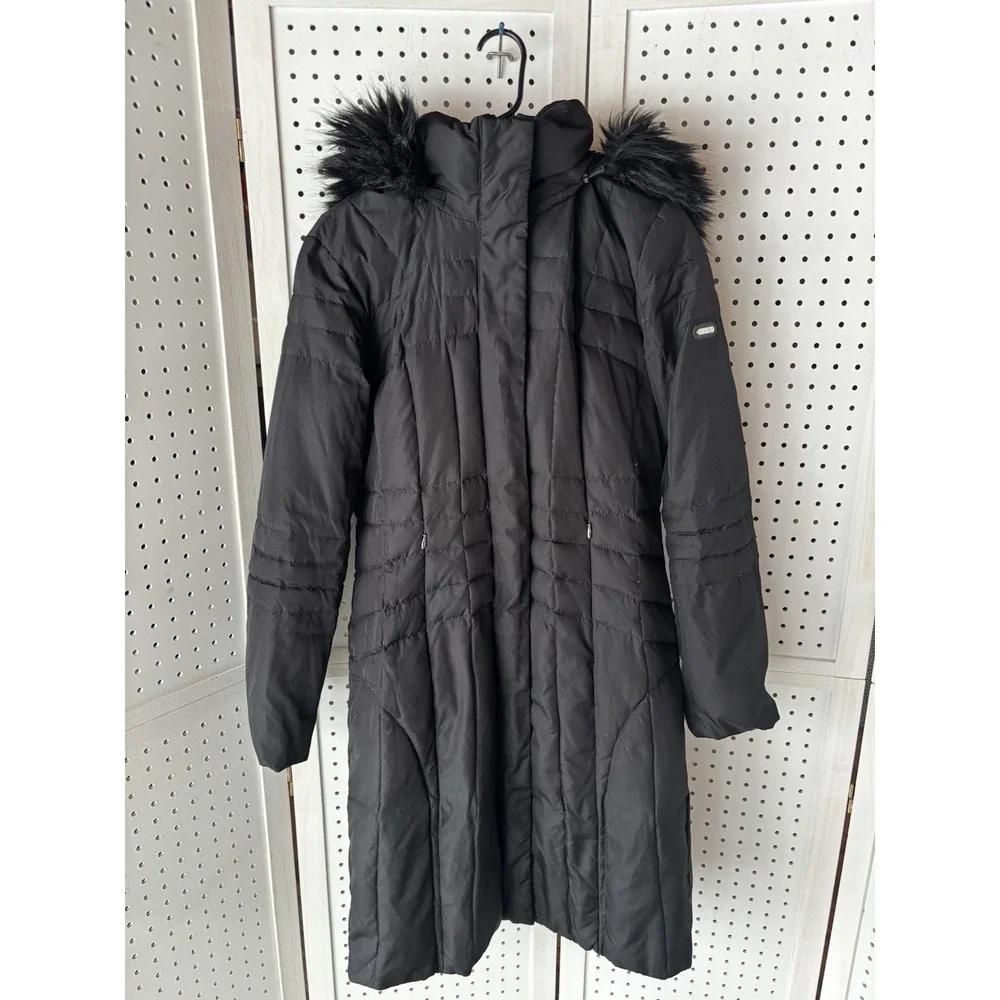 Calvin Klein Puffer Jacket Women's Small Black Duck Down Coat Parka Fur Hood Zip
